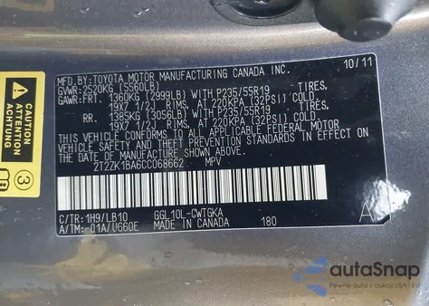 2012 Lexus Rx 350 z USA, uszkodzony, nr VIN 2T2ZK1BA6CC068662